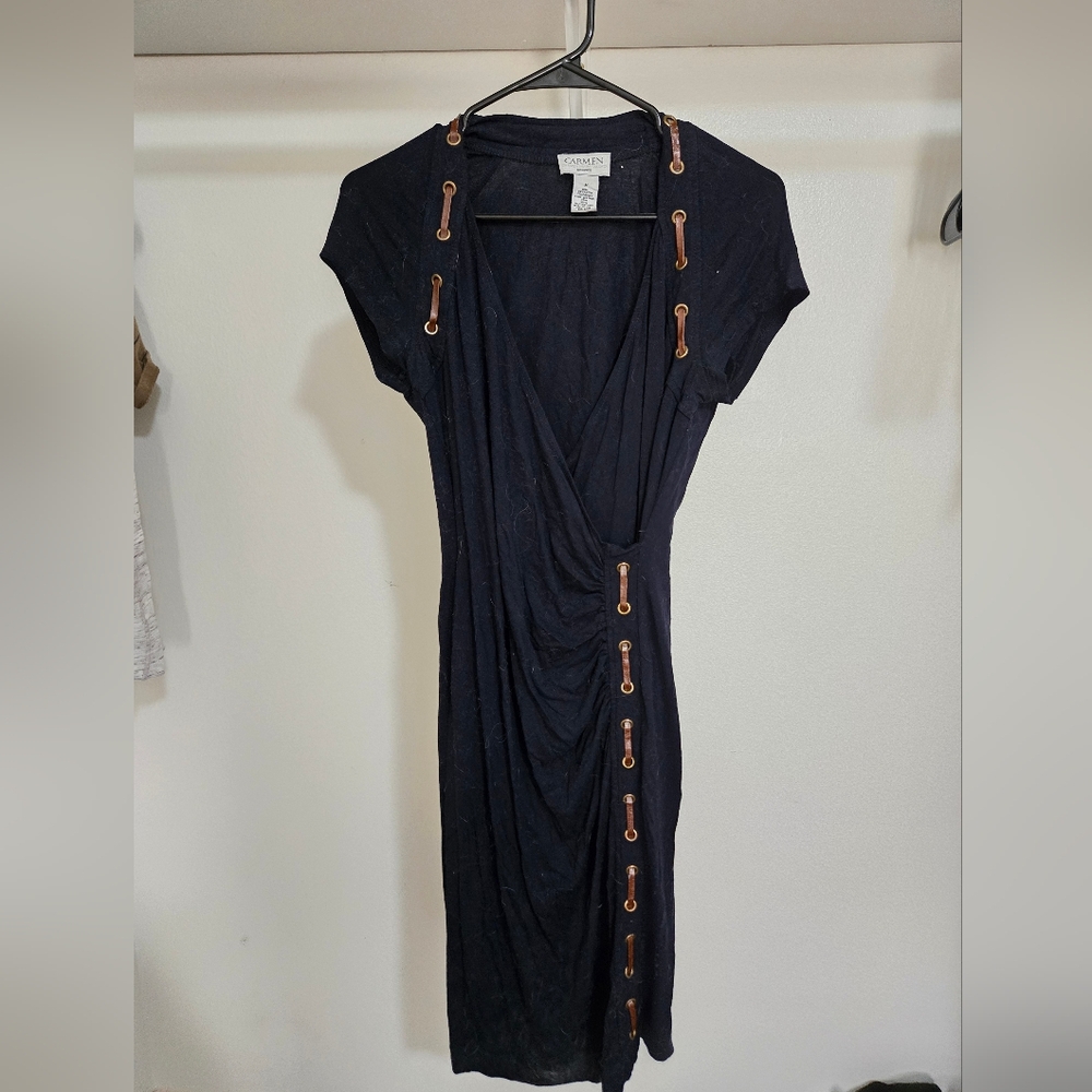Carmen Marc Valvo Navy Blue Maxi Dress with Brown Leather Accents